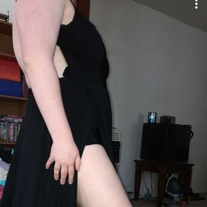 Long black prom dress,back strap and neck strap ( also shorts built in)